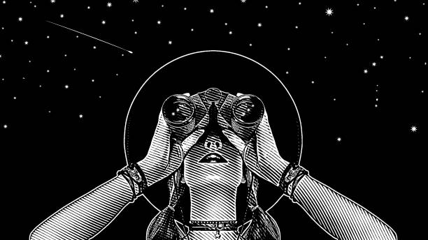 Young hipster woman with binoculars and stars Engraving vector of a Young hipster woman with binoculars and stars orion stars stock illustrations
