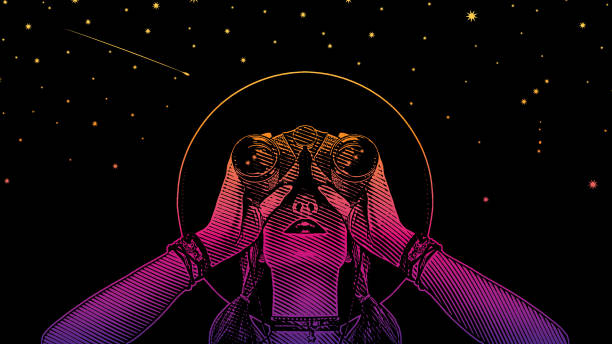 Young hipster woman with binoculars and stars Engraving vector of a Young hipster woman with binoculars and stars orion stars stock illustrations