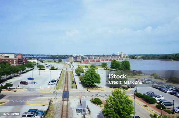 Parking Lots Tran Track And Mississippi River In Davenport Iowa Usa Stock Photo - Download Image Now
