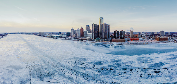 Frozen Detroit river aerial