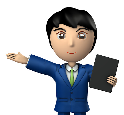 Young business man who presents with  ablet terminal. 3D illustration