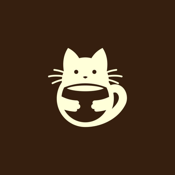 Cat silhouette with tail in shape of cup handle holding a cup or a bowl Cat with tail in shape of cup handle holds a cup or bowl - cut out vector icon milk tea logo stock illustrations