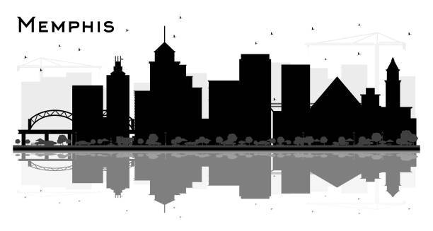 illustrazioni stock, clip art, cartoni animati e icone di tendenza di memphis tennessee skyline silhouette con edifici neri e riflessi isolati su bianco. - memphis