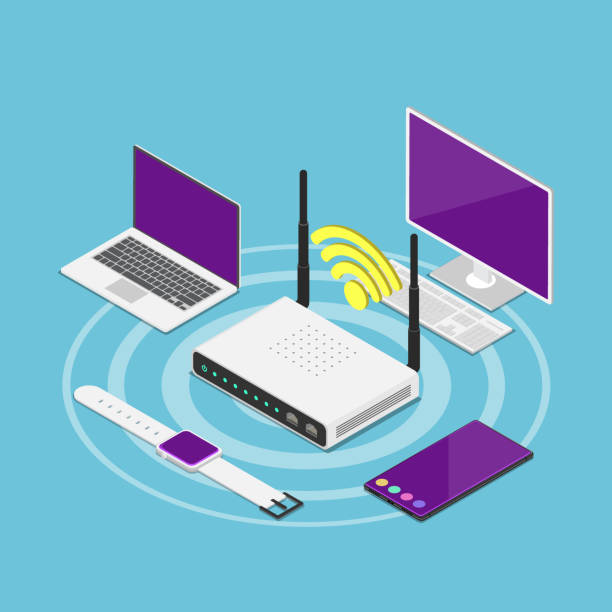 Isometric electronic devices connected to a WiâFi router Flat 3d isometric electronic devices connected to a WiâFi router. Wifi connection and wireless technology concept. router stock illustrations