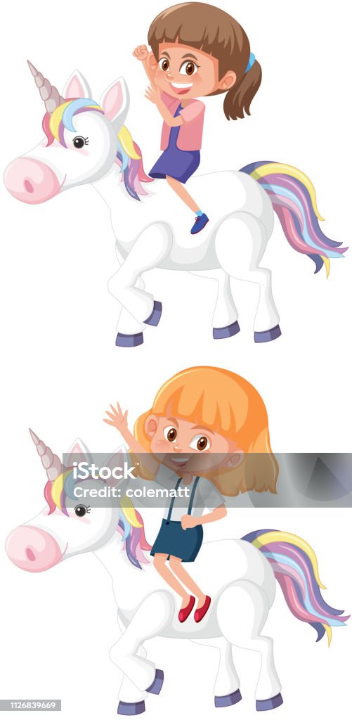 Set of girl riding unicorn Set of girl riding unicorn illustration Animal stock vector
