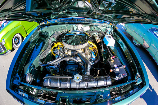High River Canada. Sep 27, 2015: Blue Vintage Chrysler engine compartment on  \