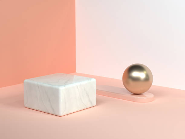istock pink/orange/cream minimal scene wall corner abstract geometric shape white marble square gold sphere 3d rendering 1126842296