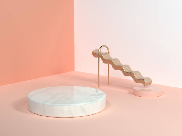 pink/orange/cream minimal scene wall corner abstract geometric shape white marble circle gold curve wave 3d rendering