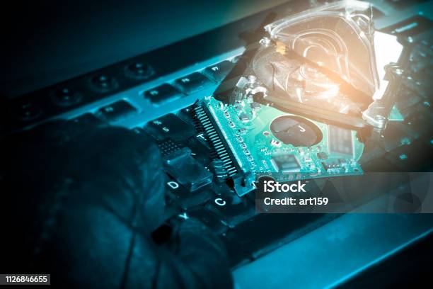 Hacker Hand On A Keyboard Hacked Computer Hard Drive Cybercrime Concept Stock Photo - Download Image Now