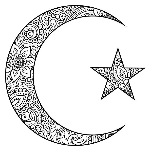 Vector illustration of Religious Islamic symbol of the Star and the Crescent with flower in mehndi style. Decorative sign for making and tattoos. Eastern Muslim signifier.