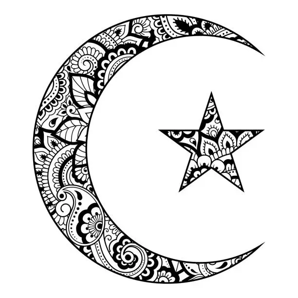 Vector illustration of Religious Islamic symbol of the Star and the Crescent with flower in mehndi style. Decorative sign for making and tattoos. Eastern Muslim signifier.