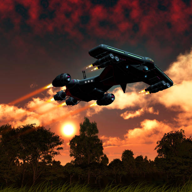 Spaceship flying over an alien planet earth-like with trees and plants, sunset with red and orange clouds, 3d illustration