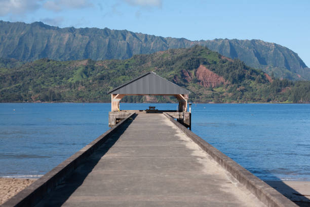 The Pier located in Hanalei Bay, Kauai stock photo