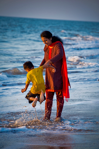 mother, son, beach, kerala,India