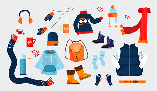 Winter clothes icons. Simple icons collection on grey background. Winter concept. Sweater, coat, hat. Illustrations can be used for topics like winter, holiday, clothes