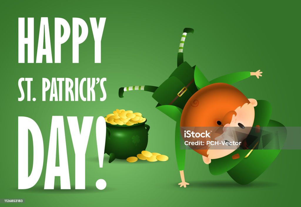 Happy St Patricks Day lettering, joyful Leprechaun, pot of gold Happy St Patricks Day lettering, joyful Leprechaun, pot of gold. Saint Patricks Day greeting card. Typed text, calligraphy. For leaflets, brochures, invitations, posters or banners. Leprechaun stock vector