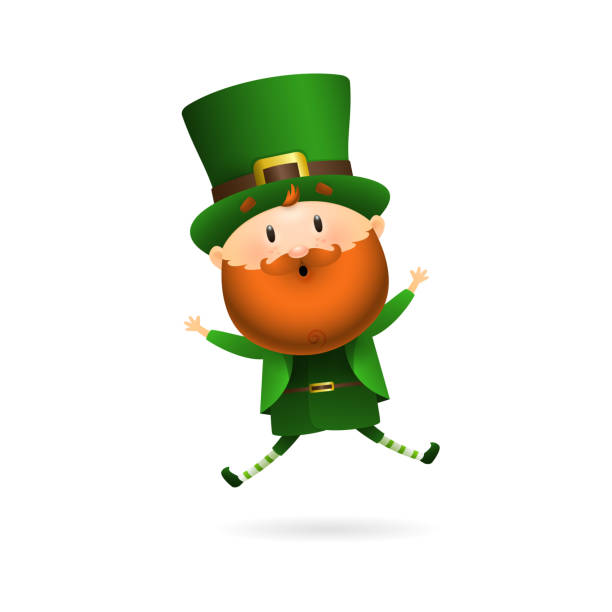 Bearded leprechaun jumping Bearded leprechaun jumping. Happy Irish man in green costume and hat floating in air. Can be used for topics like Saint Patrick day, Ireland, holiday cute leprechaun stock illustrations