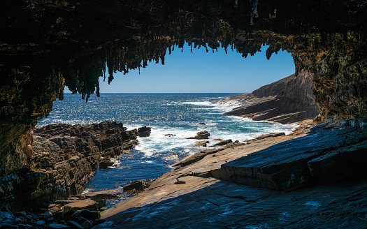 Admirals arch view with sea view and stalactites on Kangaroo island in SA Australia