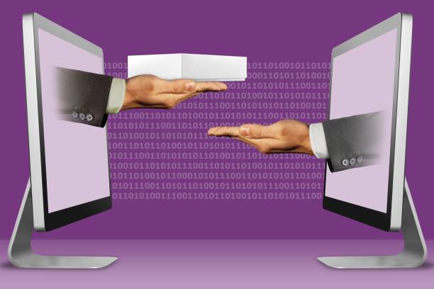 istock business concept, two hands from computers. hand with white tablet computer box and pleading gesture. 3d illustration 1126856610