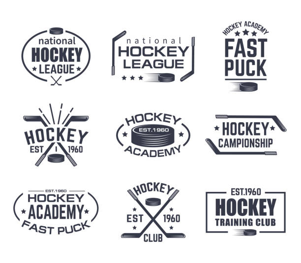 ilustrações de stock, clip art, desenhos animados e ícones de set of isolated hockey icon with stick and puck - branding design marketing rubber stamp