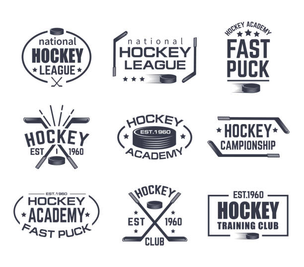 Set of isolated hockey icon with stick and puck Set of isolated hockey icon with stick and puck. Vintage signs with stars for winter sport. Tournament or training club emblem, national league sign. Branding for clothing or game advertising theme hockey stock illustrations