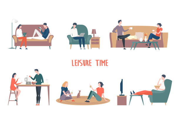 Man and woman leisure, family at home People at home leisure or recreation. Man and woman reading book, notebook. Couple drinking tea and cooking, Female talking and male watching TV. Family lifestyle and relaxation, together activity family home stock illustrations