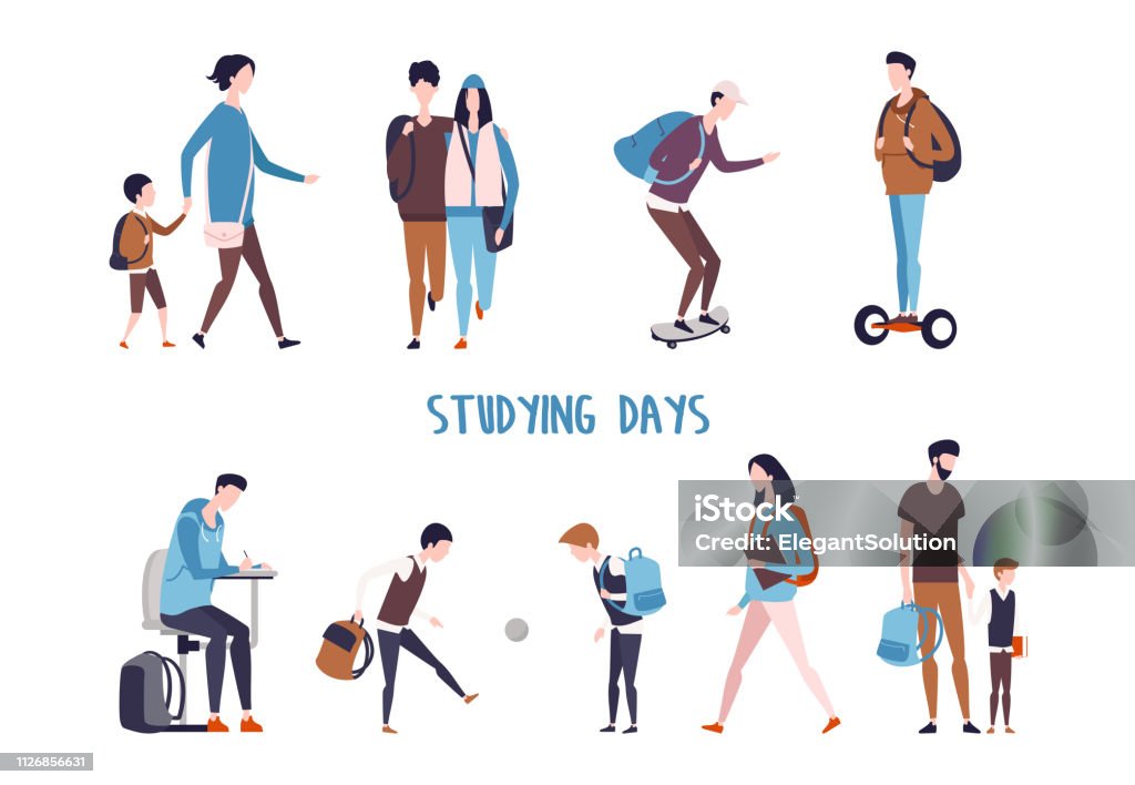 Students activity and school kids leisure. Student and school kids activity. Couple walking and boy doing homework, children playing ball and father holding son hand, man skating and using hoverboard, mother with schoolboy. Education lifestyle Teenager stock vector
