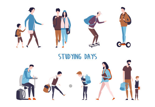 Students activity and school kids leisure. Student and school kids activity. Couple walking and boy doing homework, children playing ball and father holding son hand, man skating and using hoverboard, mother with schoolboy. Education lifestyle hoverboard stock illustrations