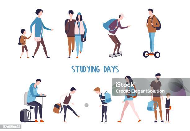 Students Activity And School Kids Leisure Stock Illustration - Download Image Now - Teenager, Education, Walking
