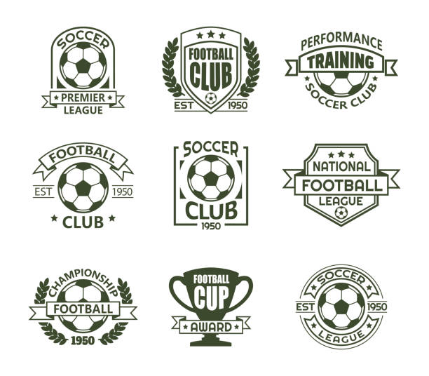 ilustraciones, imágenes clip art, dibujos animados e iconos de stock de conjunto de signos del club de fútbol vintage aisladas - sports league