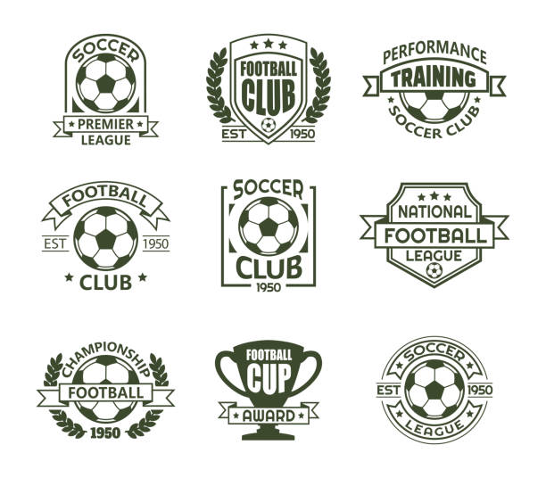 Set of isolated vintage soccer club signs Set of isolated soccer badges for tournament or competition. icon with ball and cup or trophy for european football team. Training club or sport school emblem. Sign for fans. Game banner aspire logo stock illustrations