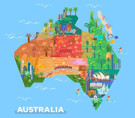 Map of Australia with landmarks of Broken Hills and Adelaide, Melbourne, Canberra. Natural and architecture sightseeing places. Uluru rocks and parliament house, Sydney opera and Victoria desert