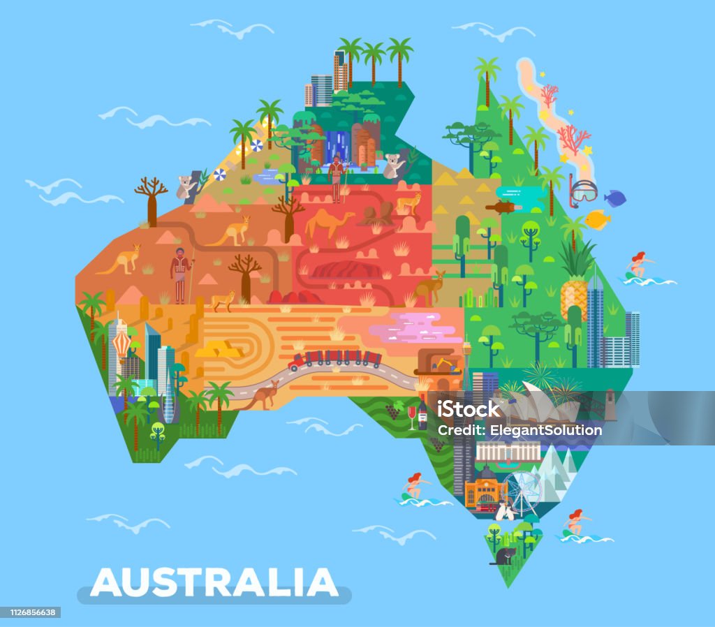 Map of Australia with landmarks of architecture Map of Australia with landmarks of Broken Hills and Adelaide, Melbourne, Canberra. Natural and architecture sightseeing places. Uluru rocks and parliament house, Sydney opera and Victoria desert Australia stock vector