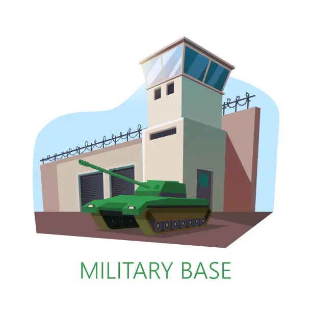 Vector illustration of American or USA military base building and tank.