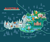 Travel map with landmarks of Austria.