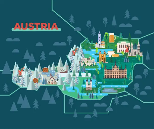 Vector illustration of Travel map with landmarks of Austria.