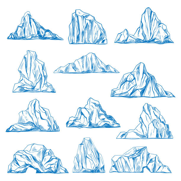 Icebergs sketch or hand drawn mountains. Set of isolated icebergs sketch or hand drawn mountains. Drifting frozen water or rocks. Antarctic ice peaks at ocean. Cold icicle. North and south pole, nature and crystal, cold and winter theme ice drawings stock illustrations
