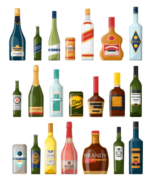 Set of isolated alcohol or booze bottles. Beverage Set of isolated alcohol bottles, booze or beverage, drinks in glassware can. Lager beer and vodka, cognac and rum, wine and champagne, bourbon and brandy, tequila and scotch. Winery and bar theme beer alcohol stock illustrations