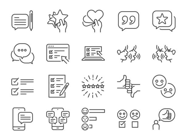 Reviews line icon set. Included icons as review score, feedback, testimonial, comment, survey and more. Reviews line icon set. Included icons as review score, feedback, testimonial, comment, survey and more. customer engagement illustrations stock illustrations