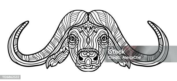 Buffalo Animal Coloring Book For Adults Raster Illustration Antistress Coloring For Adult Style Black And White Lines Lace Pattern Collection Of Animals Stock Illustration - Download Image Now