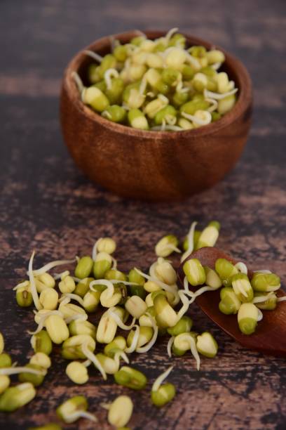 istock Mung bean sprouts on wooden background, selective focus 1126863268