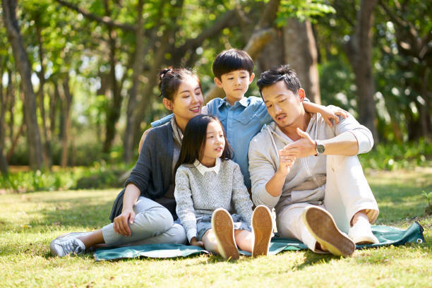 istock asian family sitting on grass talking chatting 1126864520