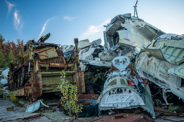 istock abandoned radioactive technik and military helicopters that participated in the liquidation of the accident. 1126866527