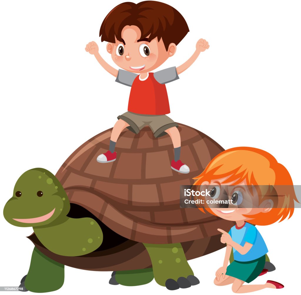 Turtle Riding Turtle Children Riding A Turtle Stock Illustration - Download Image Now ...