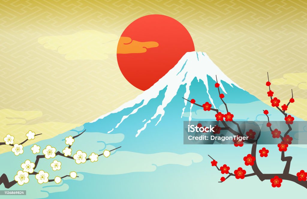 紅白梅山和日出 - 免版稅日本圖庫向量圖形