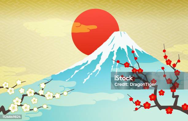 紅白梅山和日出向量圖形及更多日本圖片 - 日本, 日本文化, 富士山