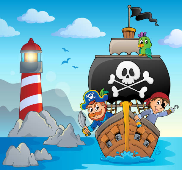 illustrations, cliparts, dessins animés et icônes de image avec thème de bateau de pirate 5 - nautical vessel cannon coastline crane