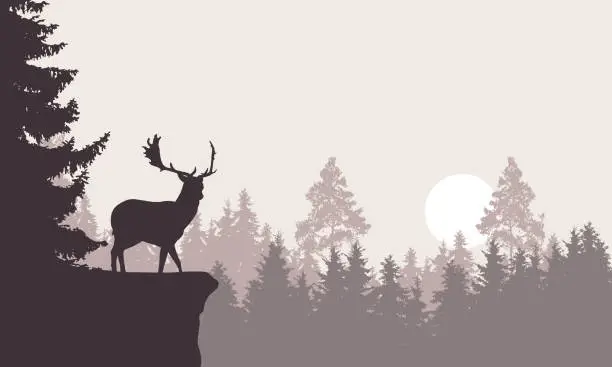 Vector illustration of Realistic illustration of a mountain landscape with a forest with deer standing on a rock. Retro sky with rising sun or moon - vector