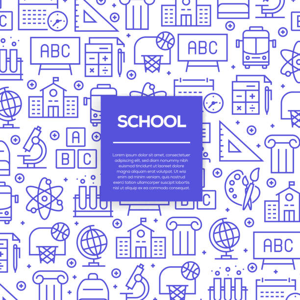 wektorowy zestaw szablonów projektowych i elementów dla szkoły w modnym stylu liniowym - bezszwowe wzory z liniowymi ikonami związanymi ze szkołą - wektor - back to school stock illustrations