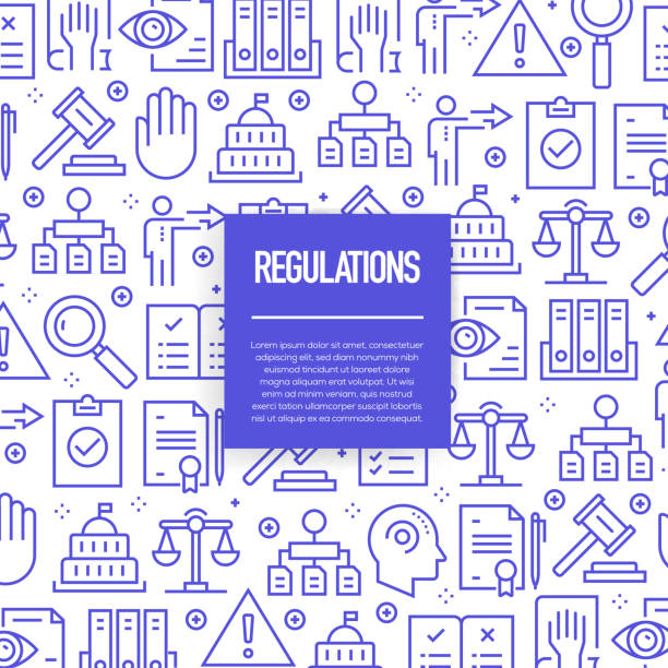 Vector set of design templates and elements for Regulations in trendy linear style - Seamless patterns with linear icons related to Regulations - Vector Vector set of design templates and elements for Regulations in trendy linear style - Seamless patterns with linear icons related to Regulations - Vector law patterns stock illustrations